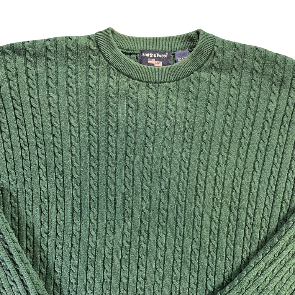 Smith & Tweed Men's Green Cable Knit Sweater‎ Crew Neck Long Sleeve Size L